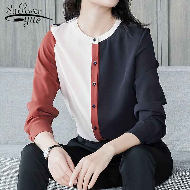 Collier de support à manches longues Blouses en mousseline de mousseline plus taille Patchwork Slim Tops Automne Korean Loose Women Shirts 6644 5