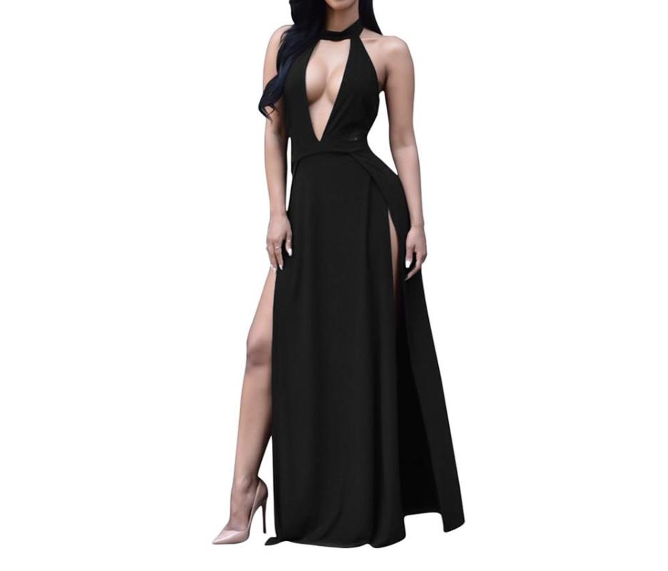 

Casual Dresses Women Sexy Halter Backless Summer Deep V-neck Long Slim Black Maxi Elegant Dress Split Clubwear Party Vestidos