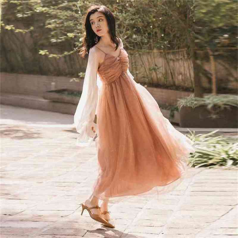 

Ankle-Length Khaki Spaghetti Strap Sequined Empire Dress Maxi Party V-neck Sleeveless Long Women Summer 210603, Only dress