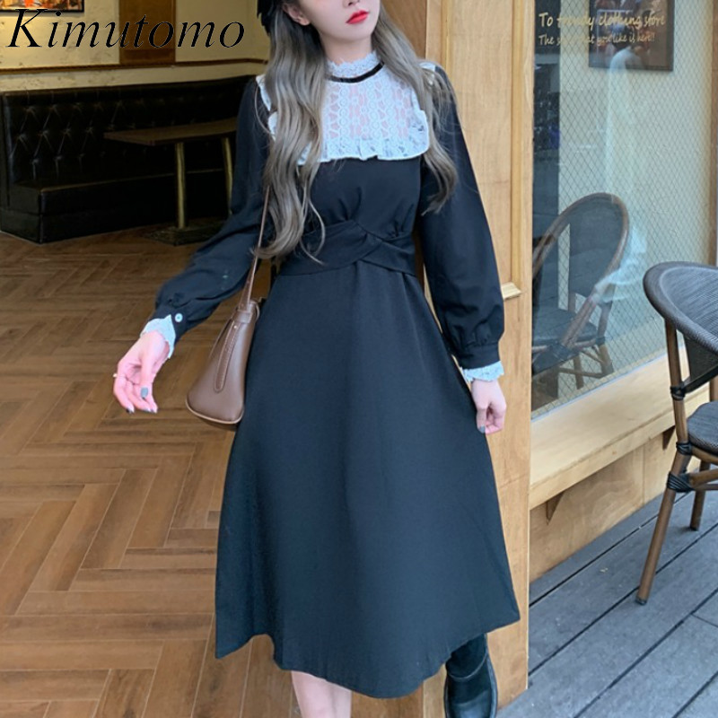 

Kimutomo Fashion Vintage Lace Patchwork Dresses Women Stand Collar Slim High Waist Long Sleeve Dress Ladies Spring Autumn 210521, Black