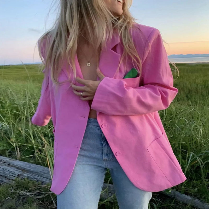 

Elegant Single Breasted Pocket Slim Fit Office Jacket Pure Pink Suit Casual Women Spring Wear 210521