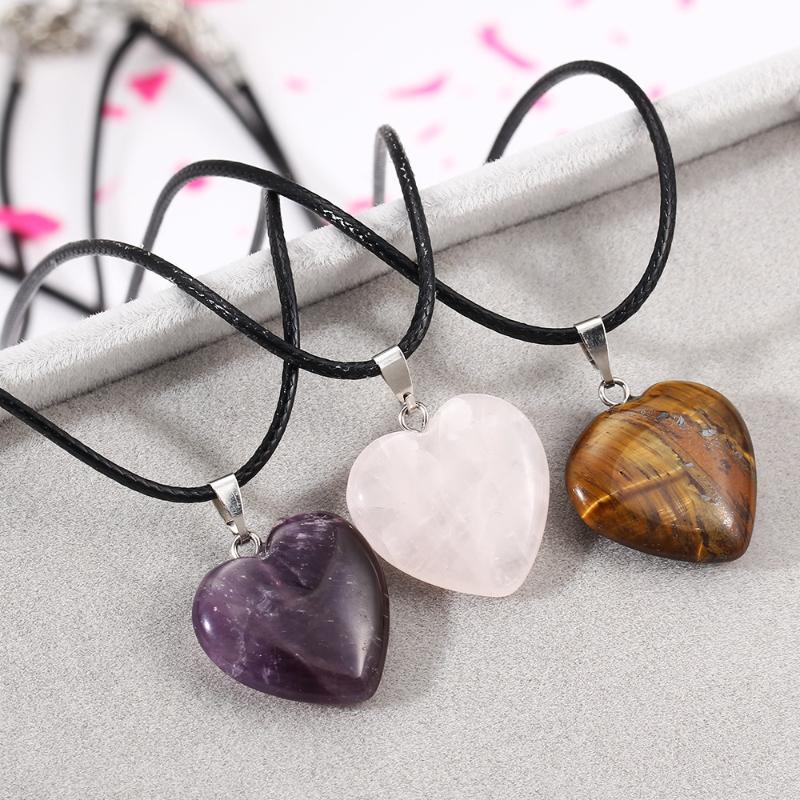 Pendant Necklaces YYW Women Jewelry Black Short Leather Cord Love Heart Natural Quartz Tiger Eye Rose Purple Crystal Stone Charm-image-706629409