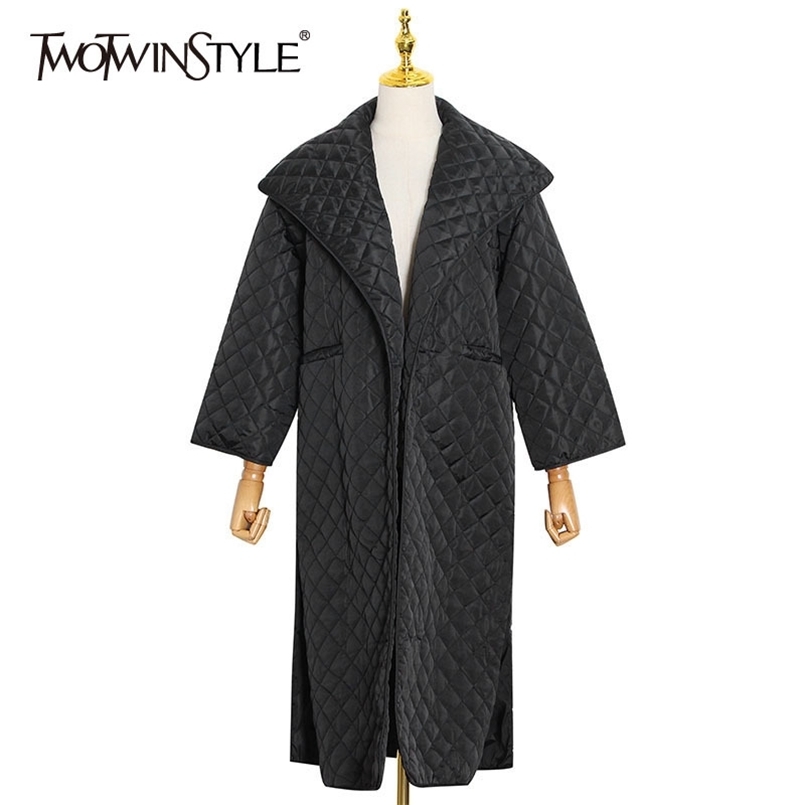 

Black Patchwork Argyle Parkas For Women Lapel Long Sleeve Side Split Casual Loose Cotton Coat Female Fashion Winter 210524