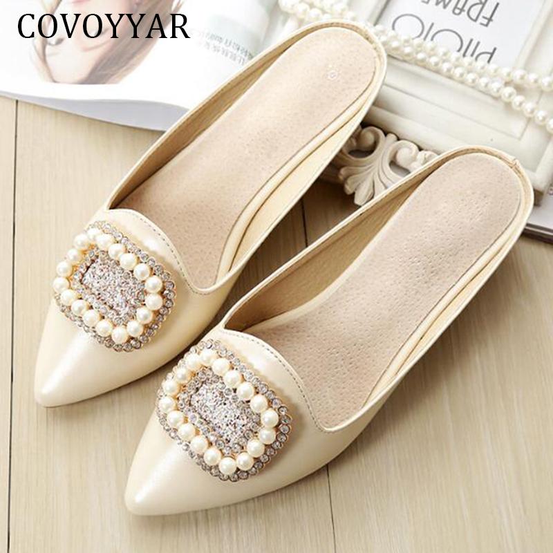 

Slippers COVOYYAR Fashion Pearl Flat Women Shoes Spring Ladies Mules Outside Slides Pointed Toe Casual Big Size WSL2023, Black
