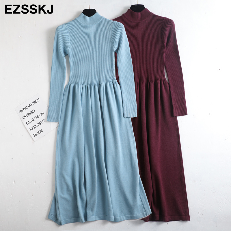 

Autumn Winter Knit Long Dress Women Casual O-Neck Slim Bodycon robe Sweater Dresses Office Lady THI MAIX Dress, Beige