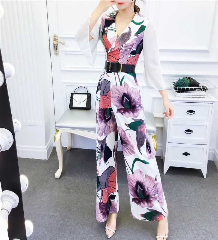 

Summer Vintage flowers Print Sexy V Neck Jumpsuits Women split Sleeve casual Slim Wide-Leg Rompers Playsuits Female Pants 210526, Beige