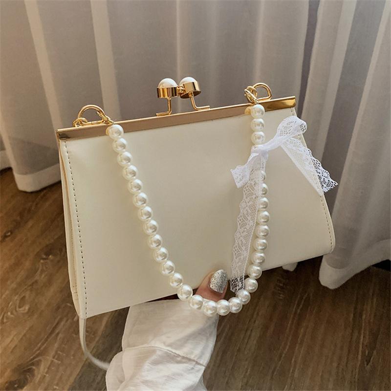 

Evening Bags Retro Pattern Crossbody Bag For Women 2021 Clip Buckle Pearl Chain PU Leather Small Shoulder Square Handbags, Black
