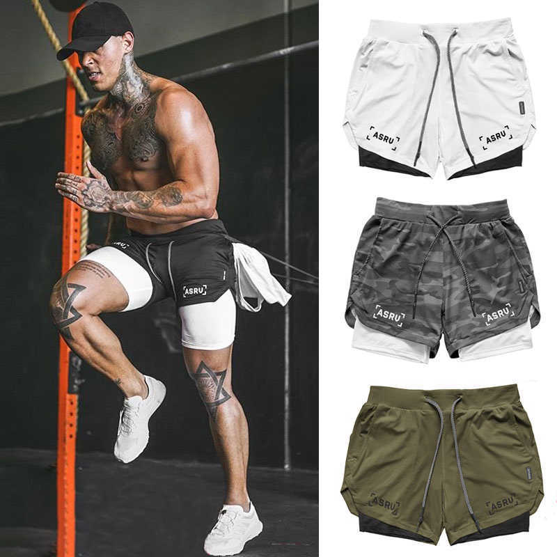 

2021Summer Shorts men's ASRV two in one fitness double quick drying fitness pants sports running basketball training Capris P0806, Black