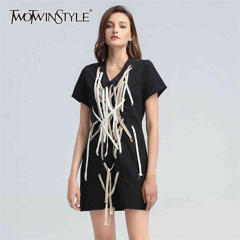 

Drawstring Bandage Dress For Women V Neck Short Sleeve Hit Color High Waist Dresses Female Fashion Clothes 210520, Black