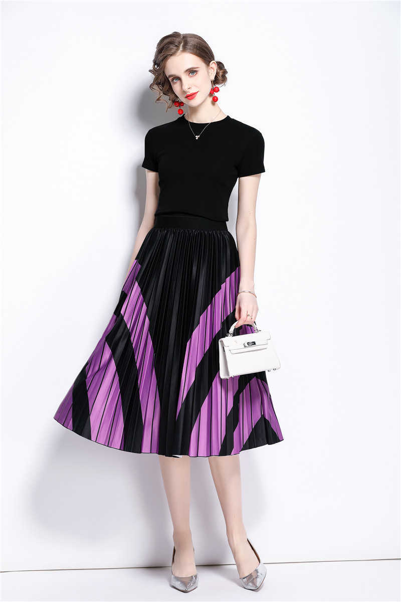 

Women Summer Designer Elegant Office Party Two Piece Set Female Solid Color T-Shirt Top + Fashion Print Pleated Skirt Set 210525, White