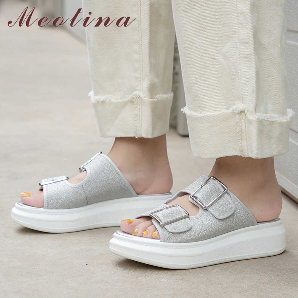 

Meotina Women Shoes Summer Slippers Glitter Buckle Flat Platform Shoes Bling Open Toe Slides Lady Sandals Sliver Pink Size 35-39 210608