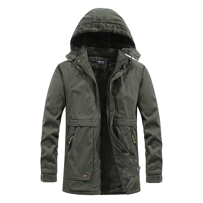 

Autumn winter Plush loose coat men's thickened hooded work jacket for warmth, Khaki