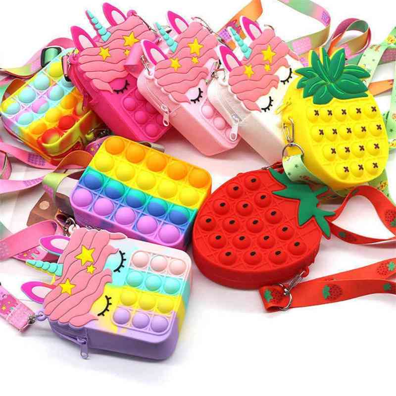 

Silicone Purse Fidget Toys Messenger Cartoon Bag Back To School Children's Push Pioneer Rainbow Tie Dye Push Bubble Puzzle Decompression Toy G83KPC0, Strawberry wallet