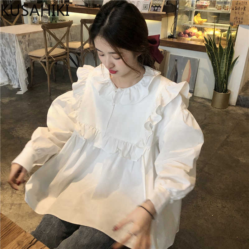 

Women Doll Shirt Sweet Peter Pan Collar Ruffle Puff Sleeve Blouses Femme Spring Korean Blusas Mujer 6F598 210603, Yellow
