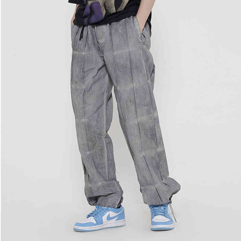 

High Street Retro Pleated Feet Drawstring Straight Casual Trousers Mens and Womens Oversize Loose Track Pants, Black