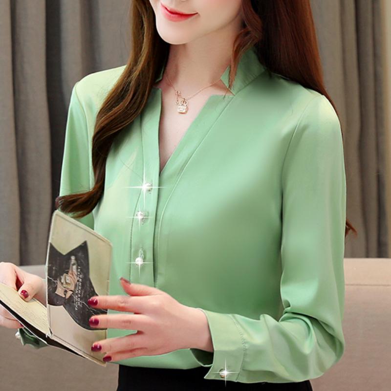 

Fashion Woman Blouses 2021 Long Sleeve Chiffon Blouse Women Tops V-neck Office Ladies Womens And Blusas C321 Women' & Shirts, Green