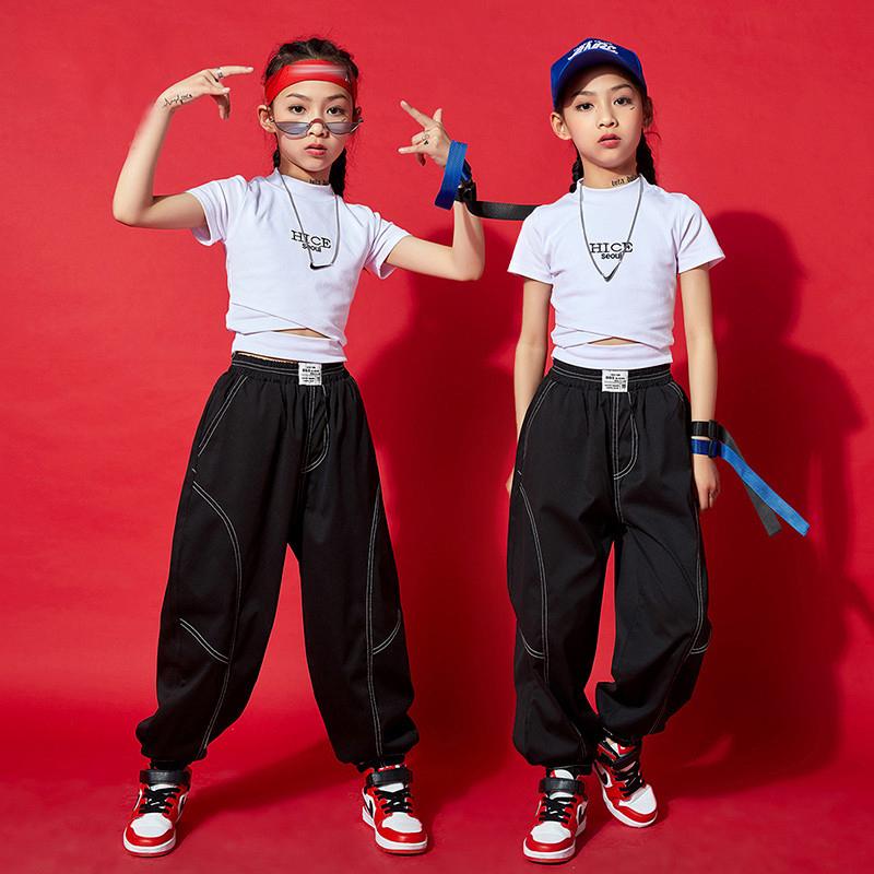 

Stage Wear Girls' Jazz Dancing Performance Costume Hip Hop Clothing White Tops Casual Jogger Black Pants For Kids Street BL6309