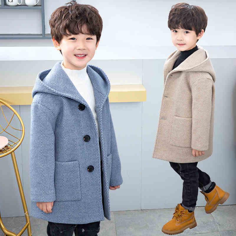 

Jackets Boys Coat Fashion Woolen Jacket Winter Kids Wool Blend Hooded Toddler Warm Outerwear Teens Children Clothing 3-12 Years, Blue;gray