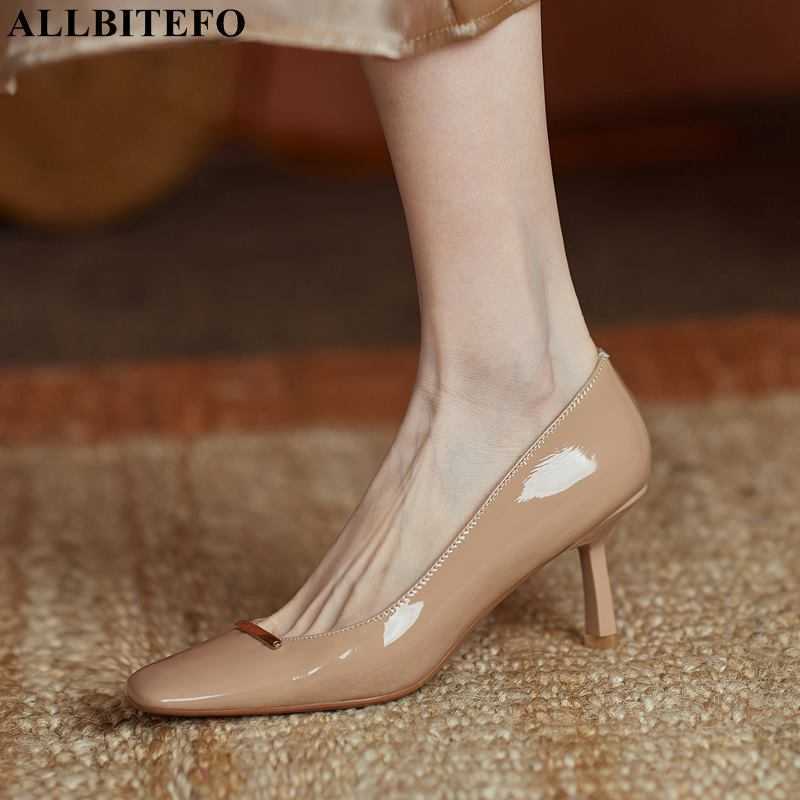 

ALLBITEFO Metal decoration genuine leather women high heel shoes Nude color party wedding shoes women heels shoes high heels 210611, As picture