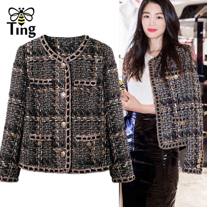 

Spring Autumn Designer Classic Tweed Short Jackets Coat Women Single Breasted Button Casual Outerwear Coats Lady Girl 210513, As picture