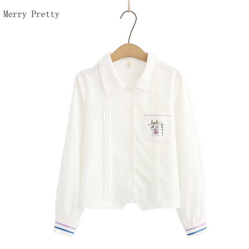 

Summer Women Cotton Shirts Cartoon Embroidery Single Breasted Casual Blouse Striped Patchwork Full Sleeve Korean Ladeis Top 210526, White