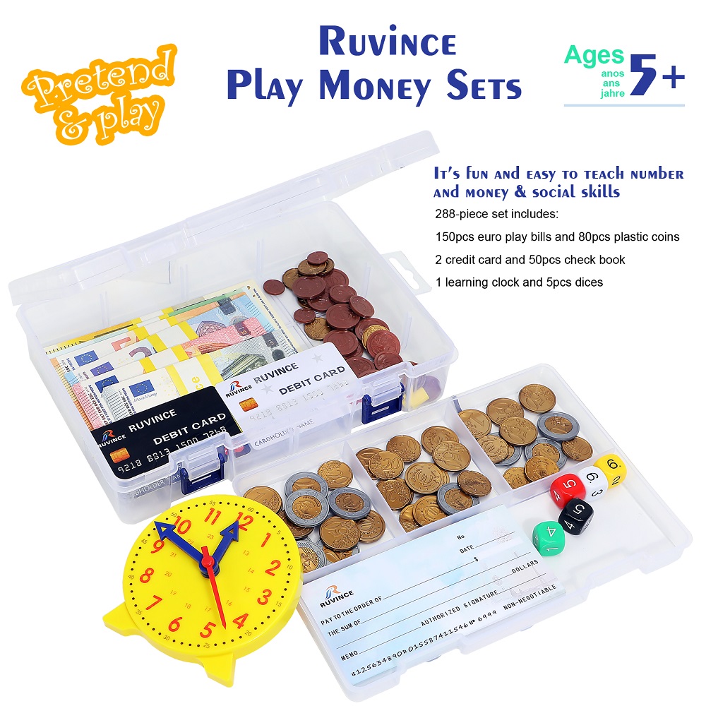 Play Money math Set for Kids Realistic Dollar Bills, Coins, Credit Cards & Checkbook. Math,Counting , Pretend Cash Register-image-702939516