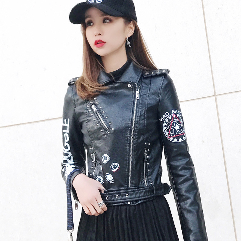 

Ailegogo Autumn Women Female Rivets Letters Print Motorcycle Leather Short Womens Biker Coat Faux Leather Jacket Punk Outwear, Black