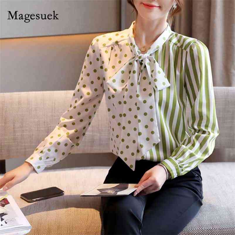 

Autumn Lace-up Chiffon Blouse Striped Bow-collar Office Lady Woman' Blouses Light Green Long Sleeve Women' Shirts 10891 210518, Picture