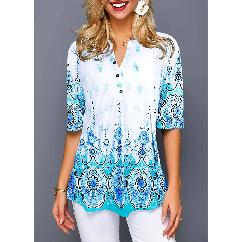 

Autumn Fresh and Sweet Hedging V-neck 3/4 sleeve Loose Women's T-shirt, White