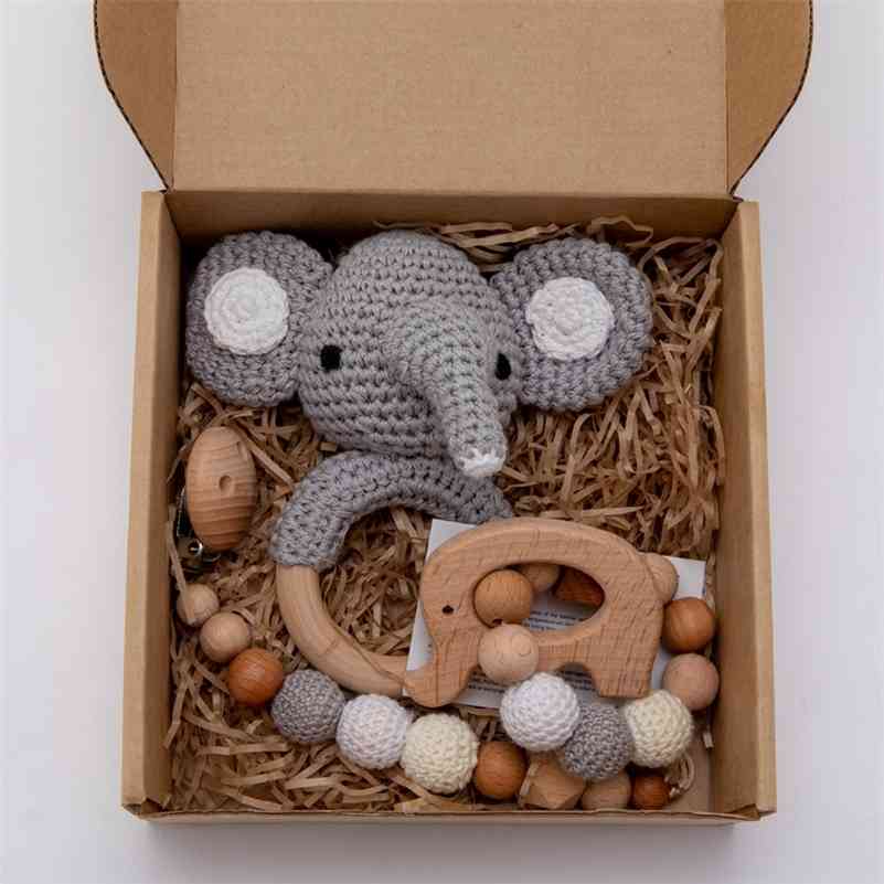 

3pcs/lot Baby Rattle Animal Crochet Wooden Ring Toys Baby Teethers For Baby Products DIY Crafts Teething Rattle Amigurumi Toys 201224, Elephant 2
