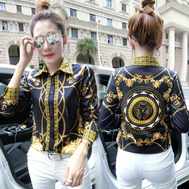 

New Luxury Women' Baroque Print Shirts Plus Size Long Sleeve Lapel Neck Runway Ladies Vintage Button Blouse Slim Office Designer Shirt Tops, Customize