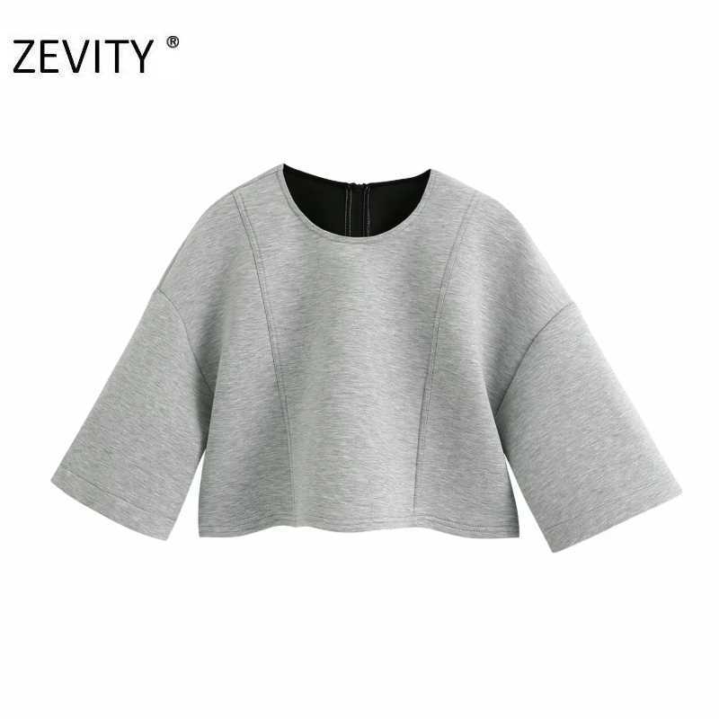 

ZEVITY women simply solid color short sleeve casual smock blouse shirts women basic back zipper knittted blusas chic tops LS7174 210603, As pic ls7174bb