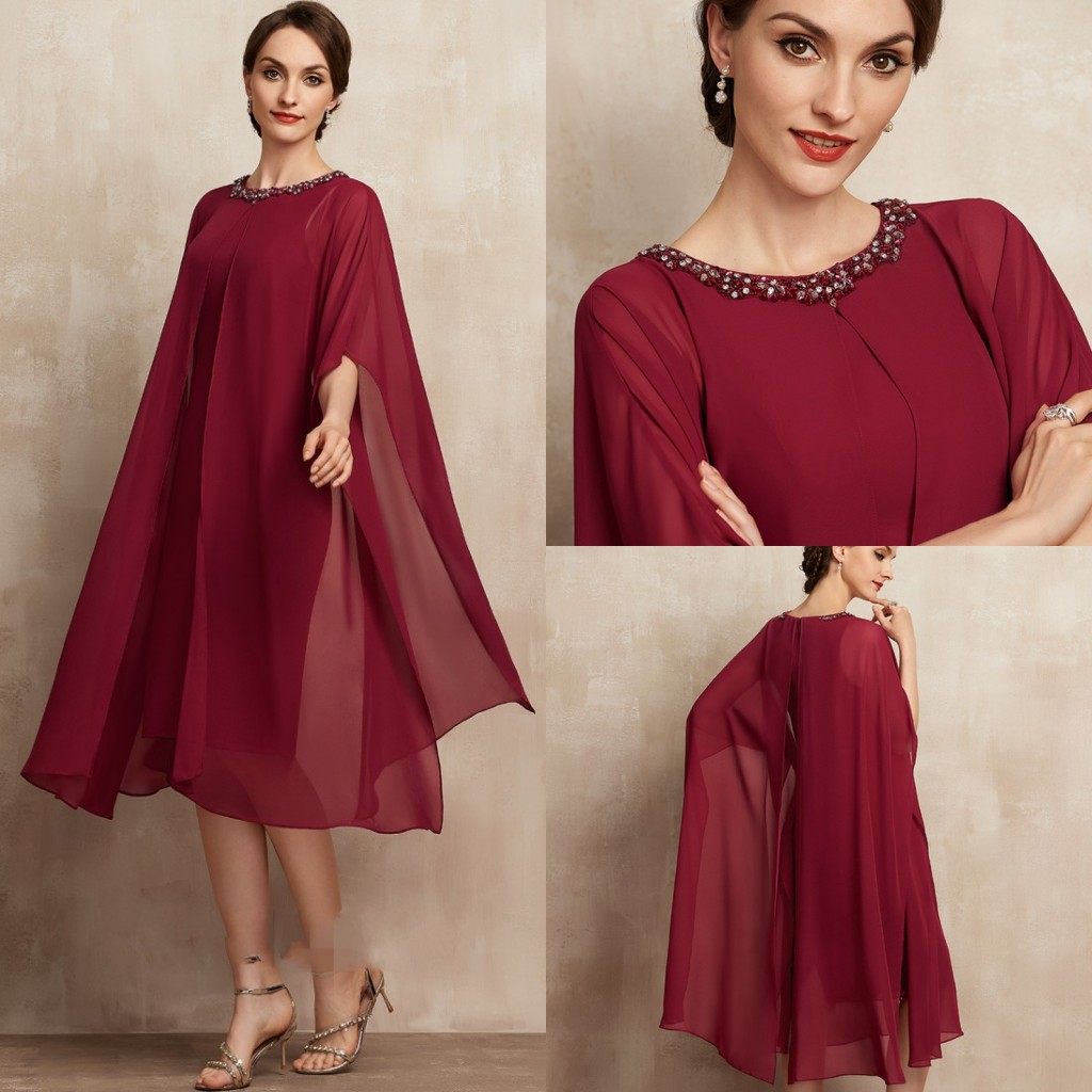 

A-Line Scoop Neck Knee-Length Chiffon Mother of the Bride Dress Burgundy With Beading Sequins Bridal Party Gown Customed Robe De Soiree