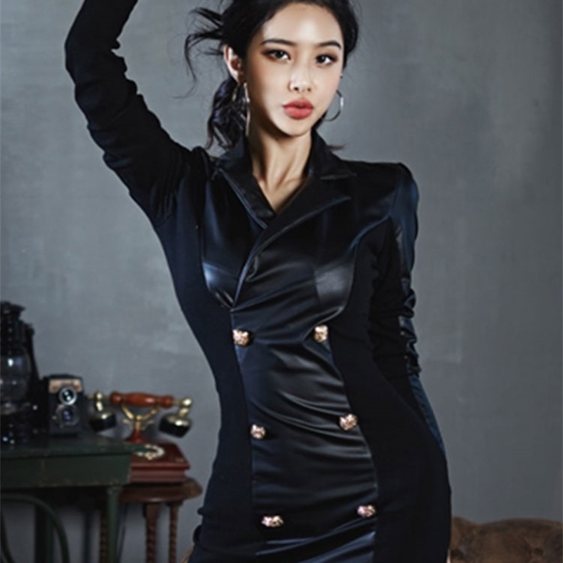 

Leather PU women's temperament suit collar slim slimming long-sleeved bottom bag hip dress autumn and winter 210603, Black