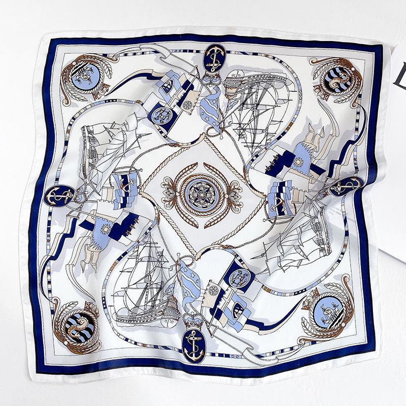 

Scarves 100% Natural Silk Scarf Women Carriage Print Square Foulards Small Neckerchief Female Bandana Hijabs Head Wraps 53CM, Blue;gray