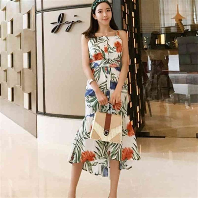 

Summer Sexy Strap Dress Slim Bodyon Ruffles Fishtail Print Knee-Length Women's 210519, Picture color