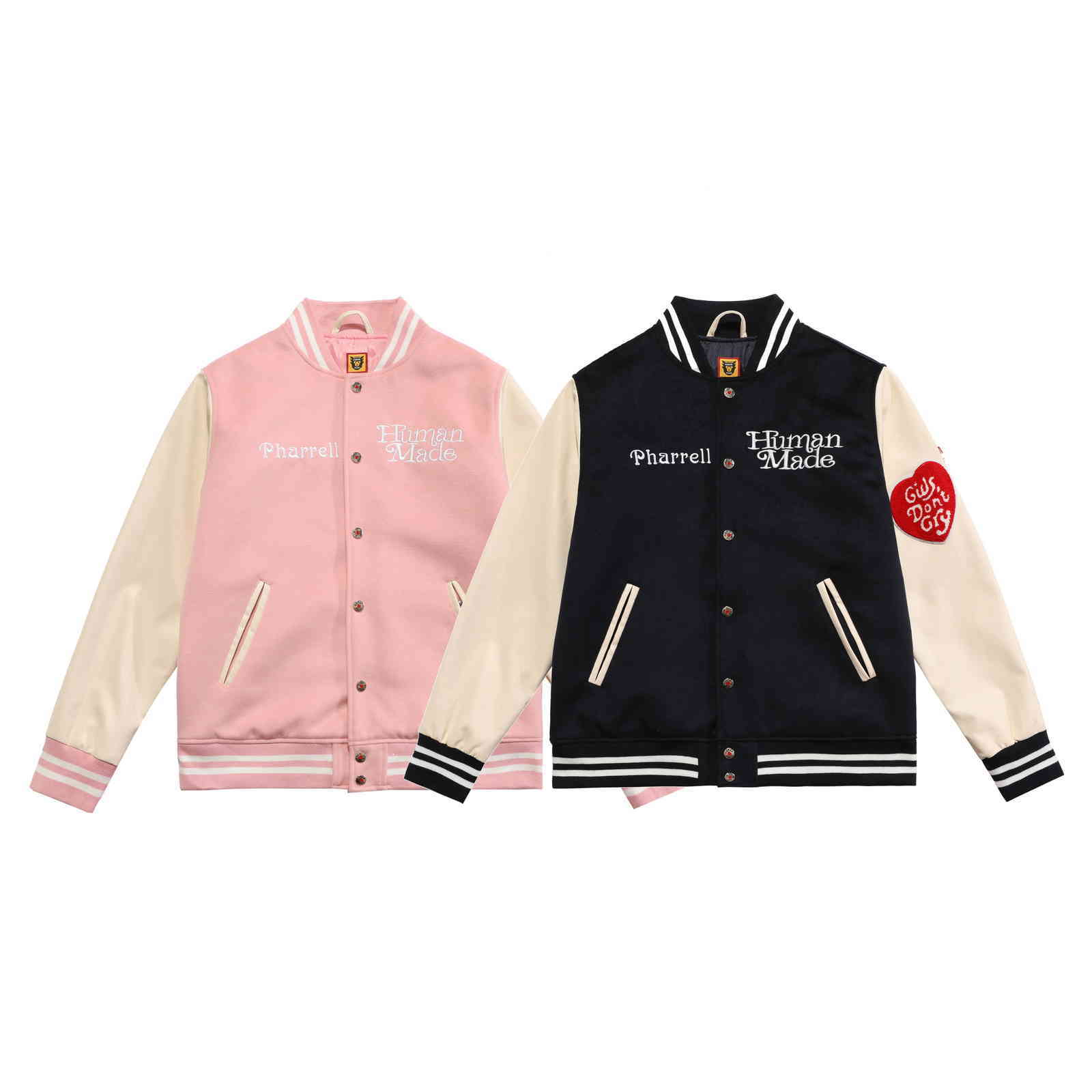 

Pink Patchwork Human Made Girls Don't Cry Varsity Baseball Jacket Men Women Pattern Letter Embroidery Leather Sleeve Coat