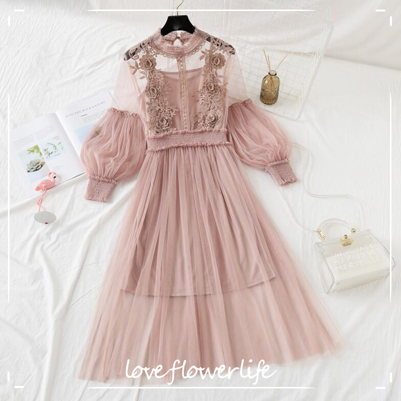 

Women Dress Summer Spring Floral Embroidery Mesh Lace Dress High Waist Two-piece Set Dresses Female Long Sleeve Vestidos 210521, Apricot