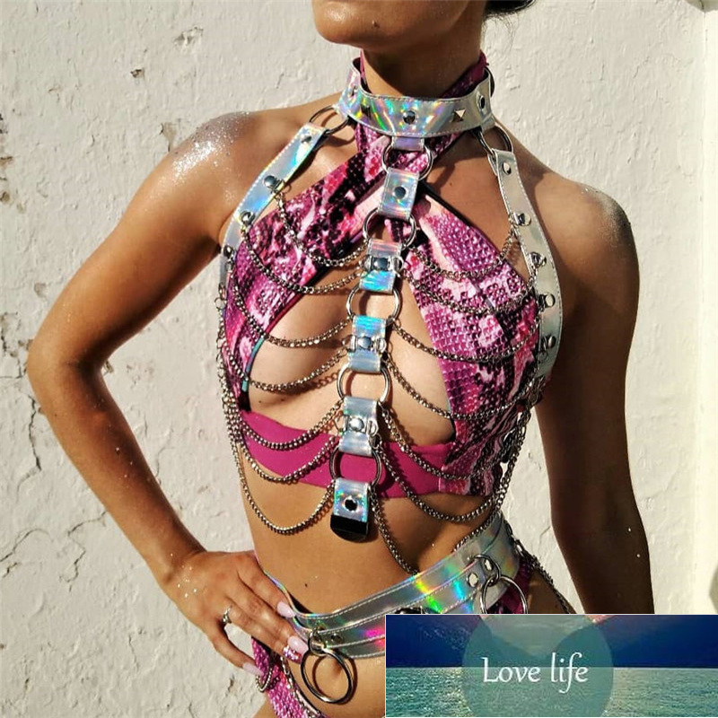 

Fashion Holographic Two Piece Set Body Harness Sexy Metal Chains Top Waist Bondage Belt Party Night Club Rave Festival Outfits Factory price expert design Quality