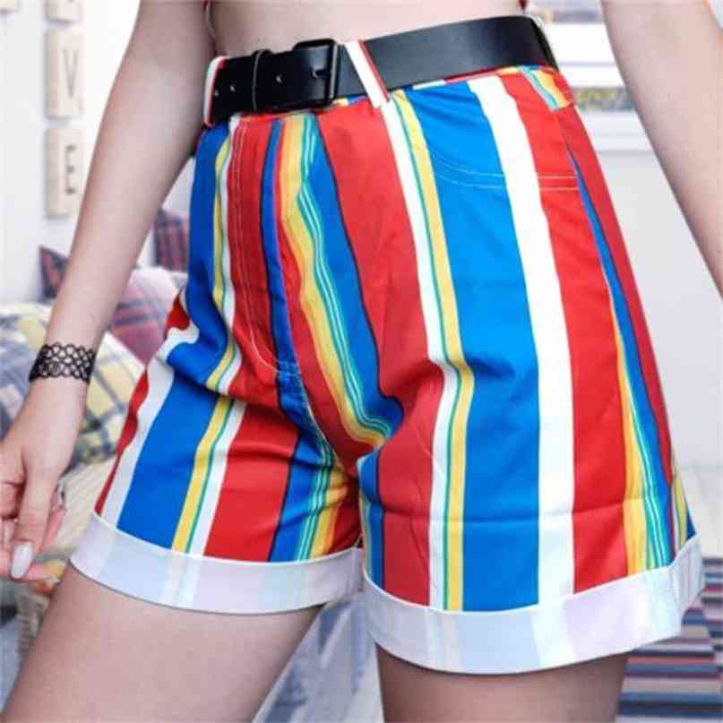 

Shorts Women Stripe Contrasting Short Pants Fit Young Girls Casual High Waist Summer Vintage Ladies Rainbow 210722, Striped shorts