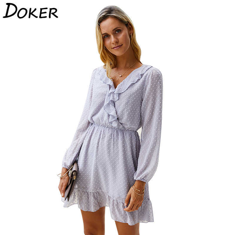 

Temperament V Neck Ruffle Long Sleeve Solid Color Dres Loose Casual Party Vacation Ladies Mini Dresses 210604, Gray