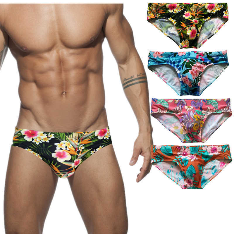 Men&#039;s Triangle Printed Low Waist Sexy Cup Trunks Spring Beach Swimming Shorts-image-701764099