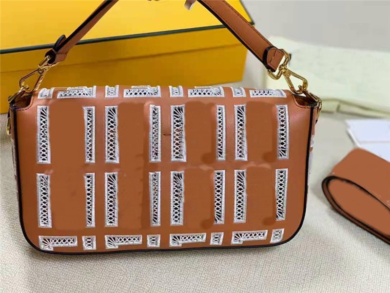 

Designer Calf Leather with Embroidery Hollow Out Lace Baguettes Bags Wide Strap Shoulder Cross Body Quality Hardware Letter Buckle Hasp Handbags Fashion Lady Purse, Brown