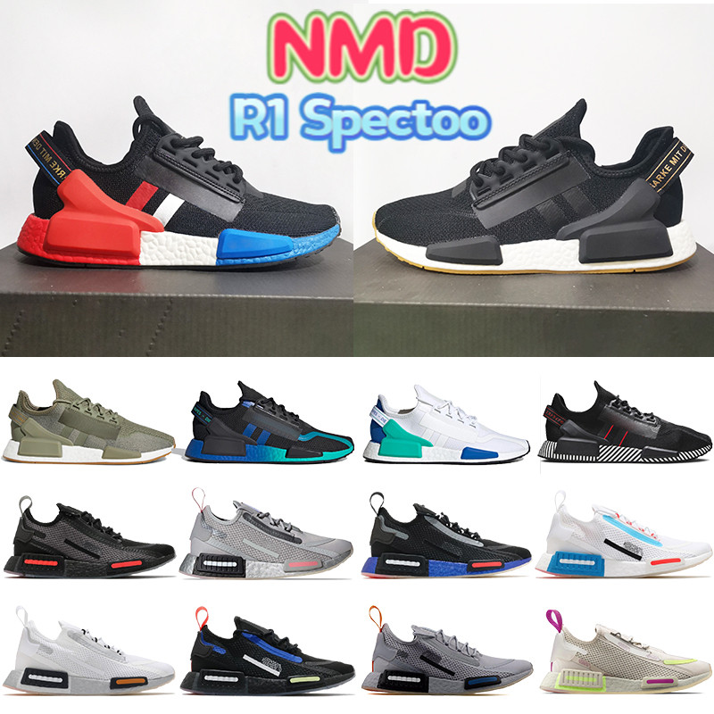 

Newest NMD R1 V2 Spectoo Running Shoes black metallic gold speckled aqua cloud white halo silver solar red Cyan fashion men women sneakers, 18# bubble wrap packaging