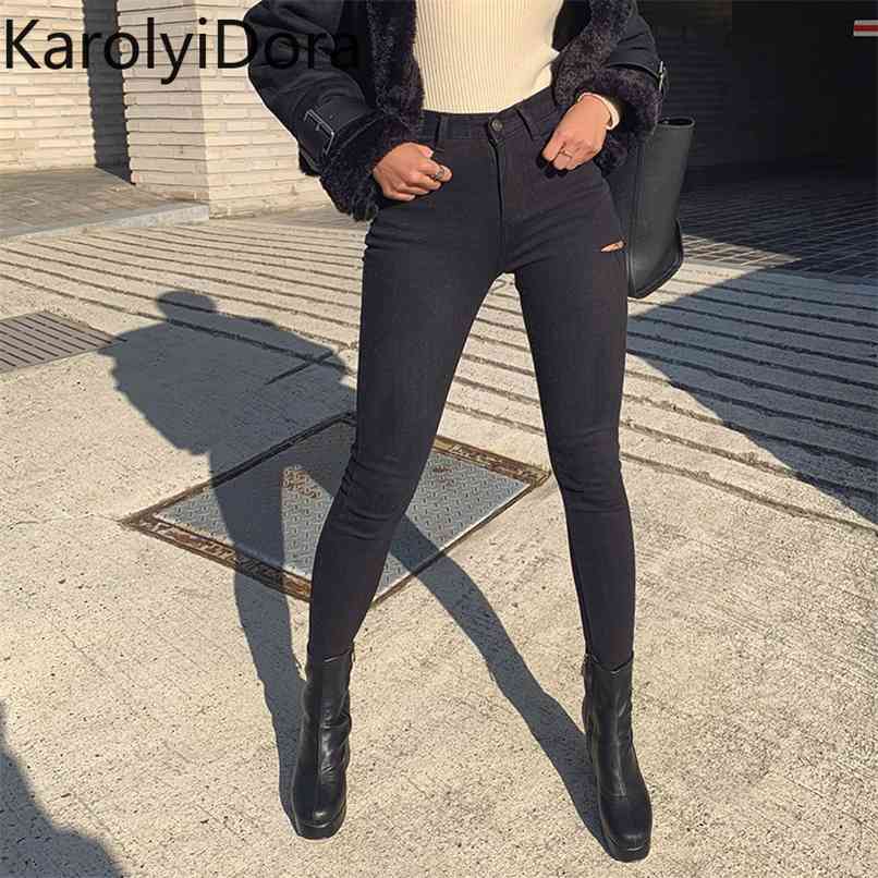 

Fashion Spring Korean version of the high-waisted black tight skinny hole jeans 210520