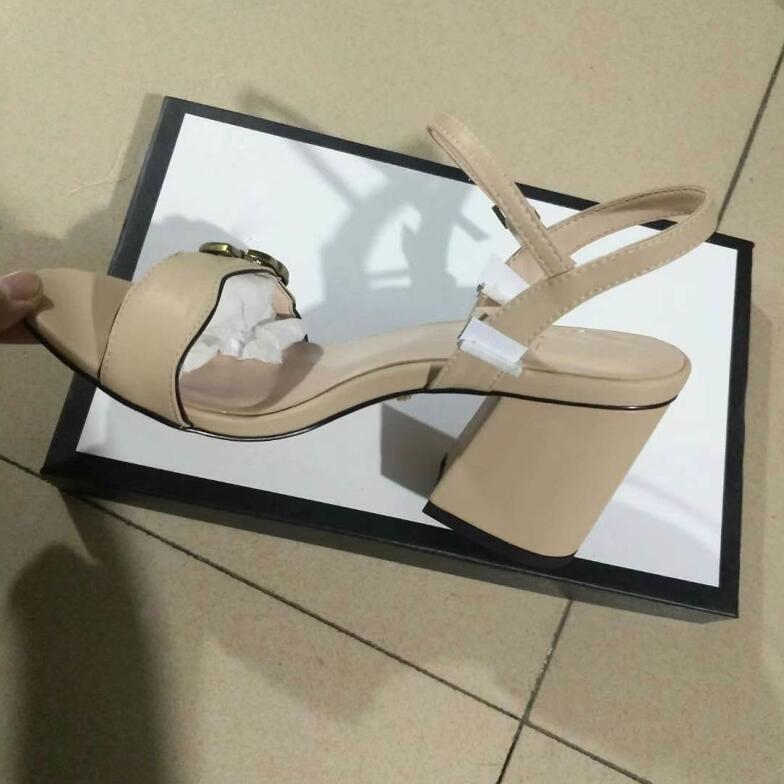 

2021 Women's fashion Chunky soft leather sandals lady's casual designer luxury strap sandal suede shoes slides girl black blue white medium 8cm heel #G86, Only box packing