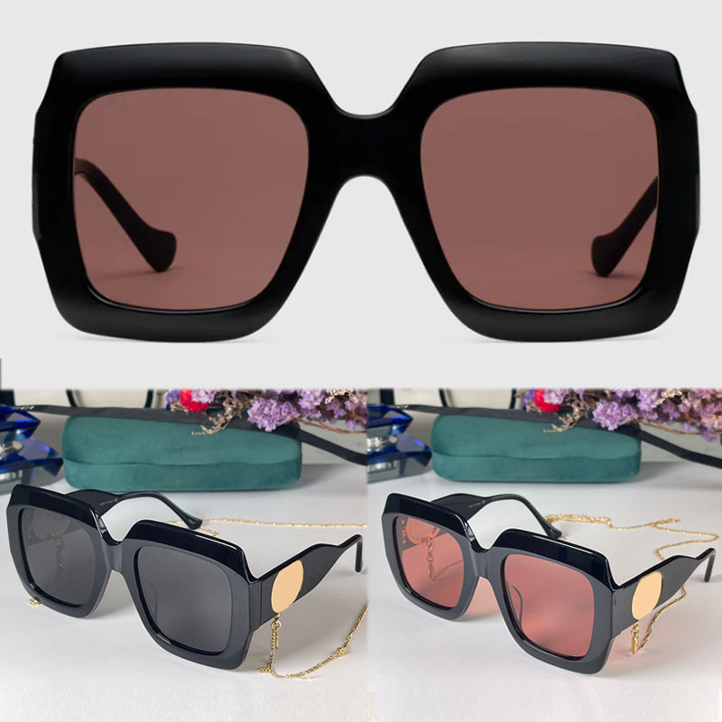 

Womens Rectangular sunglasses 1022S fashion retro style black frame mirror legs hollow interlocking letter with gold metal chain lens UV protection belt box