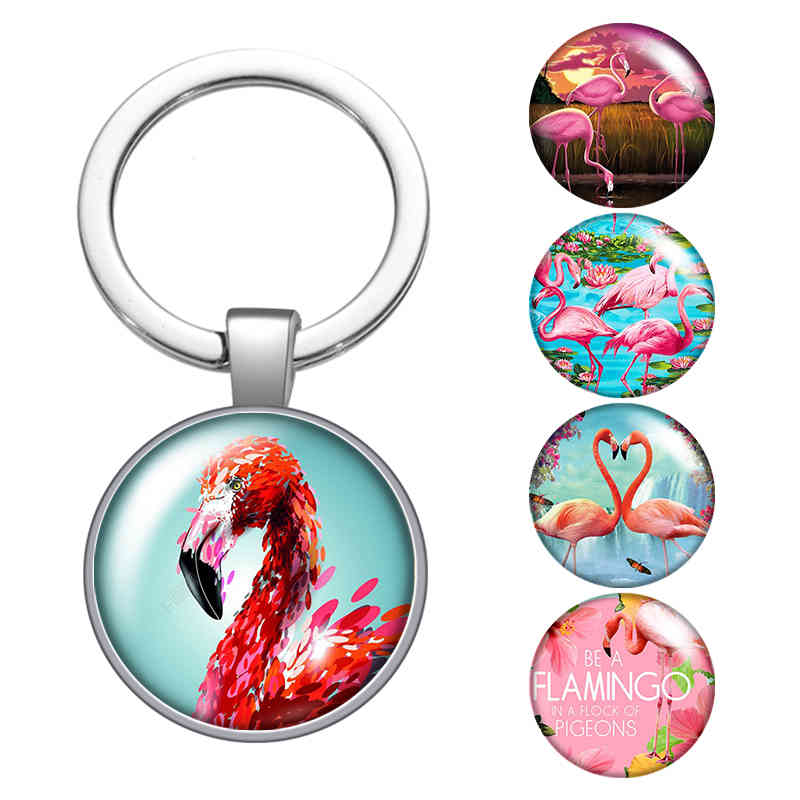 

Flamingo Animlas Love Freedom New Glass Cabochon Keychain Bag Car Key Rings Holder Charms Silver Plated Key Chains Women Gifts