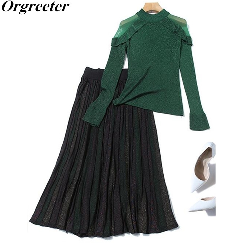 

Spring Fashion Ruffles Trim Shoulder Mesh Splicing Sweater + Two-piece Shinny Striped Pleated Skirt Set OL Casual Knitted Outfit 210525, Green