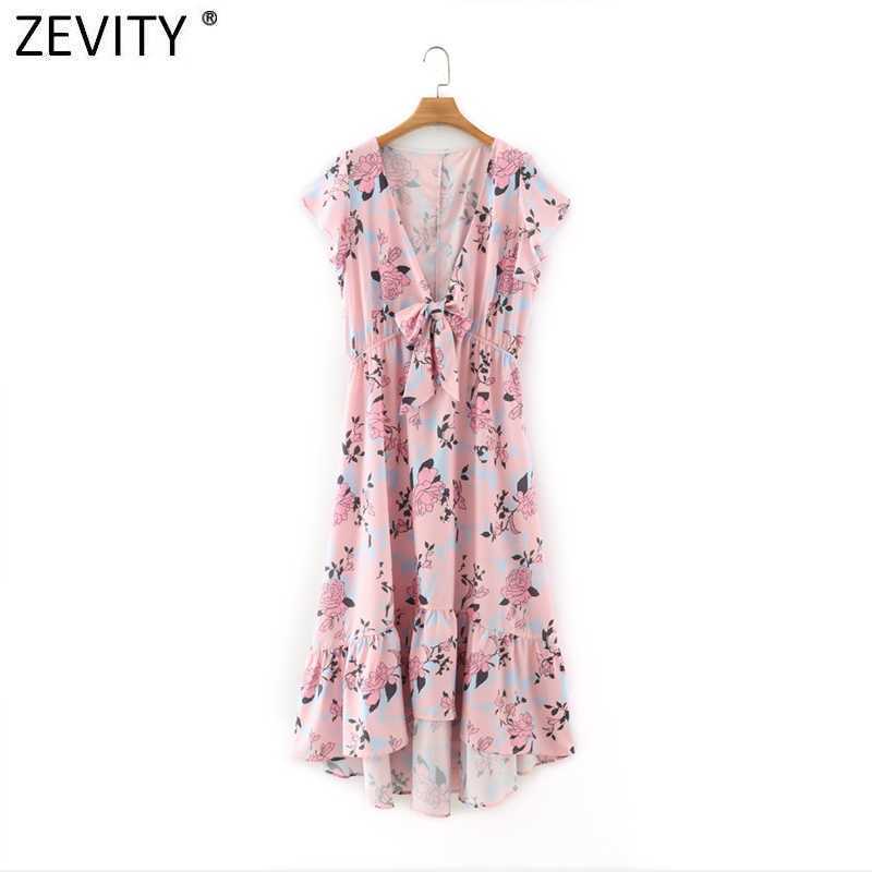 

Zevity Women Holiday Wind Sweet Floral Print Hem Irregular Ruffles Midi Dress Lady Chic Deep V Neck Bowknot Beach Vestido DS8130 210603, As pic ds8130xz